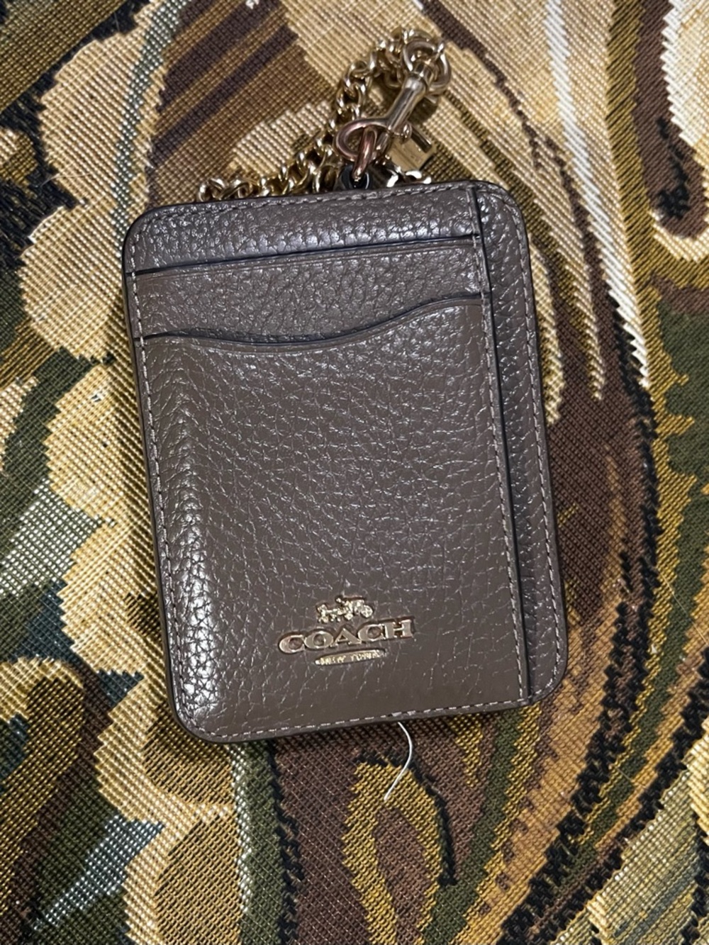 COACH Pebbled Leather Card Case with Gold Chain in Taupe Brown
